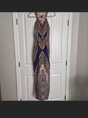 Gianni Bini Navy and Coral Geometric Halter Maxi Dress